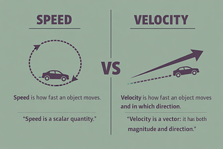 Infographic comparing speed and velocity. Speed is shown as a car moving in a circle, representing motion without direction. Velocity is shown as a car moving in a straight line with an arrow, representing motion with direction. Text explains that speed measures how fast an object moves, while velocity measures how fast and in which direction.