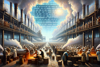 DALL-E generated image of an old factory with a sky filled with binary numbers.
