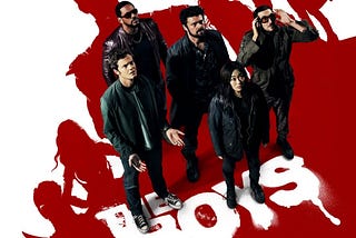 The Boys: Season 2 Promotional Poster by Amazon Studios, we have the group The Boys standing on top of a silhuette overlay of the Superheros, painted in red. Premiere Date: 04/09/2020.