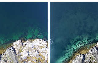 Left: Original drone aerial image of a coastal area. Right: The same image enhanced using contrast limited adaptive histogram equalization (CLAHE)