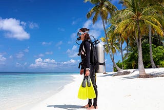 diver stand on the beach with scuba equipment put on