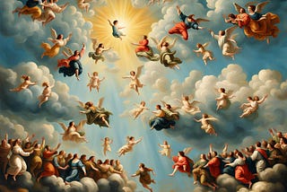 A sky with fluffy clouds and dozens of people floating among them in the style of a renaissance paintng.