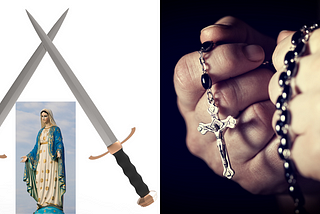 On left cross swords with small picture of Mary between the blades. On right, a man holding a rosary in two clenched fists