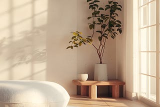 Healthy home, ‘sun room’, with minimalist interior and warm sunlight streaming through the window.
