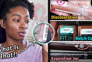 A bottle of Pacifica Alight Clean Foundation with discoloration, Maybelline Fiy Me foundation batch codes & expiration jars.
