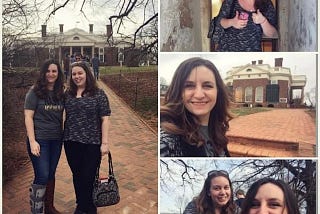 A collage of photos from the historic house Monticello. The larger picture on the left is of two women standing and smiling at the camera. One of the women has a ankle boot on her right leg. On the right side are three smaller photos. The top and middle are the same two women, smiling at the camera with the historic house in the background. The bottom right photo is the same two women, one is pushing the other in a wheelchair.