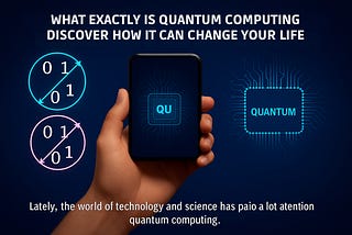 A digital illustration of a hand holding a smartphone with a quantum processor on screen, surrounded by glowing qubits and circuitry, representing the concept of quantum computing.