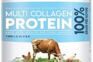A tub of unflavoured halal certified multi collagen protein powder