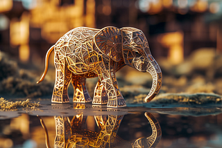 A golden filigree elephant considers and compares the conditions in the water before deciding if it is time to bathe.