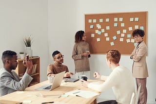 Team of professionals discussing together with the help of a thinking board