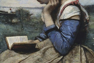 Painting of a woman reading a book by a lake.