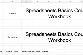 Spreadsheet showing the difference between Paste and Paste Values Only. Text in three rows reads: Copy. Ctrl / Cmd + C. Spreadsheets Basics Course — Workbook New row. Paste Ctrl / Cmd + V. Spreadsheets Basics Course — Workbook. New row. Paste Values only. Ctrl / Cmd + Shift + V. Spreadsheets Basics Course — Workbook. The first two “Spreadsheets Basics Course — Workbook” are large and the cells are merged. The final one is the same as the default spreadsheet text.