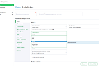 Screenshot of the cluster creation dialog on Rancher 2.8