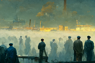 Painting style, a huddled crowd in a misty landscape look out on a far off industrial landscape