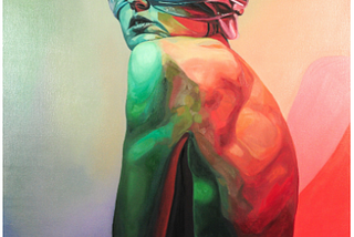 naked figure with body facing sideways and head turned towards the front, eyes and head wrapped in plastic wrap and meat but nose and mouth visible