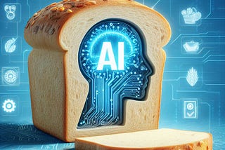 Sliced bread with an AI figurine head inside, blue digital icons surrounding the bread