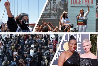 Top left: young black woman with fist raised at a Black Lives Matter rally, wearing an I can’t breathe mask; Top right: America Ferrera and Alicia Keys at the podium at a Families Belong Together Rally. Alicia has the mic and her fist in the air. Bottom left: Black Panther Cosplay gathering. Over twenty people, mostly black and brown, in Black Panther costumes. Bottom right: metoo founder Tarana Burke and actress Michelle Williams at the 2018 Golden Globe Awards