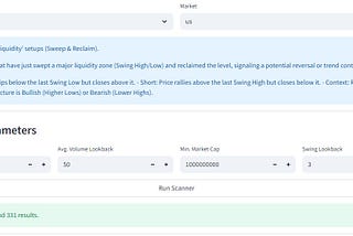 Screenshot of The structure_liquidity Scanner in AlphaSuite Dashboard