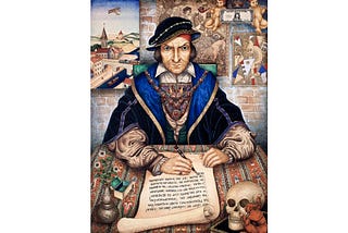 “The Scribe” by Arthur Szyk — The text of the document commentary on the state of the world, written by the artist. At first, the period of the painting seems to be medieval because of the scribe’s clothes. But on closer inspection, we can see an airplane, cherubs holding a dollar bill, and an abstract painting in the style of Picasso. Source: Wikimedia Commons
