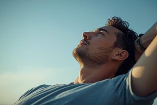 A man in a relaxed pose, contemplating the sky with a serene expression. The scene is bathed in soft, natural light, creating a peaceful and contemplative atmosphere. (Created with AI.)