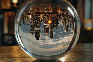 A mesmerizing view through a crystal ball showing an upside-down cityscape in brilliant detail.