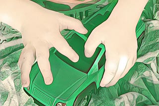 Rendered photograph of a light-skinned child’s hands holding a green toy car.