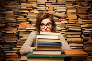 An AI-generated photo of a girl wearing glasses surrounded by stacks of books