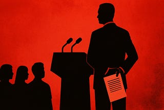 Silhouetted politician at a podium hides a document behind his back from a group of people, all set against a stark red background.