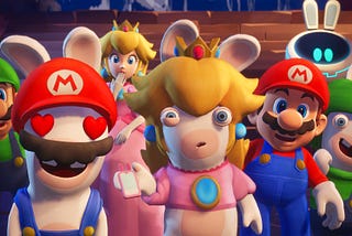 The cast of Mario + Rabbids: Sparks Of Hope making amusing expressions and reactions in a scene from the debut trailer.