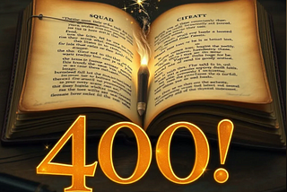 A open book with a pen on fire and the number 400. Write, publish, earn