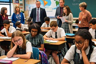 A diverse group of Grade 7 students in a classroom, with some students focused on their work and others looking frustrated and overwhelmed. The teacher is offering assistance, and a few parents are also present, engaging in a discussion to understand the challenges faced by the students.