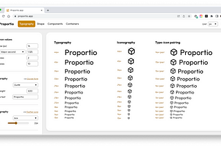 Screen shot of Proportio.app user interface showing header bar with options Typography, Shape, and Components. Panel displays configuration options for typography and icons, with main content area displaying typographic and iconographic scales