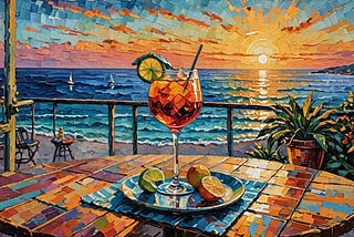 Impressionist image of a cocktail on a table overlooking the ocean and sunset.