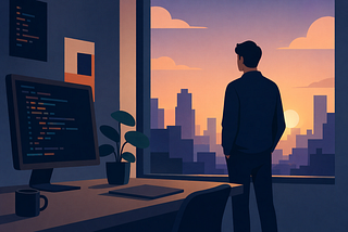 A minimalist illustration of a developer standing in a dim workspace, looking out a large window at a city skyline during sunset, with a computer showing code on a desk nearby and soft, muted colors creating a reflective mood.