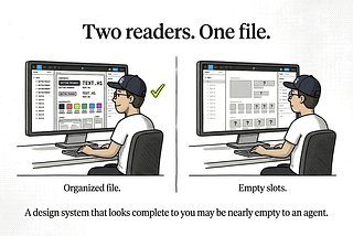 Split illustration showing a human designer reading a polished Figma file on the left, and an AI agent reading the same file as a sparse, context-free wireframe on the right. The contrast shows what’s visible versus what’s machine-readable.