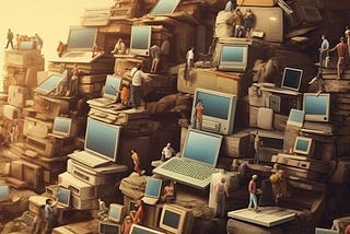 a mountain of computers with humans climbing between them