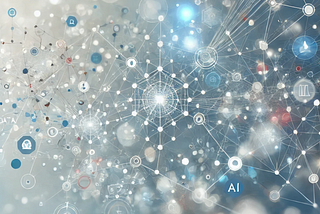 An abstract representation of data processing and microservices with interconnected nodes symbolizing the flow of information