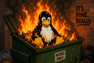 Illustrationof Tux in a burning dumpster, generated with LLM.