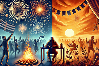 DALL·E 2025–01–01 14.14.48 — An artistic depiction of two contrasting New Year celebrations.