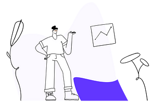 Person with big shoes and with one hand on hip and the other pointing to a graph with an arrow going up.