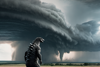 An AI-generate image of Godzilla looking at a tornado in the distance on the plains of the American Midwest