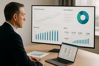 A business leader reviewing company growth charts and dashboards during a strategic planning session.