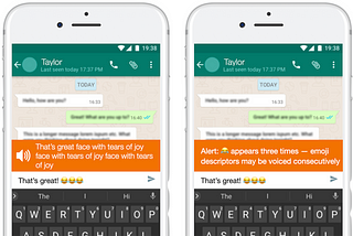 The first design, "Preview", shows a transcription of how a message would be read aloud above a mobile keyboard. The example shows that the user typed a message saying "That's great!" followed by three "Face with tears" emoji in a row. The Preview design transcribes: "That's face with tears of joy with tears of joy with tears of joy". The second design, "Alert", instead shows the following text above the keyboard: "Alert: 😂 appears three times — emoji descriptors may be voiced consecutively".