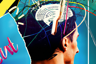 A mixed-media collage style and abstract image denoting a man’s brain  and thinking process.