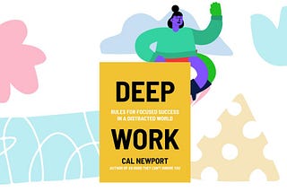 A female character sitting on top of the book Deep Work. She is cheerful, waving.