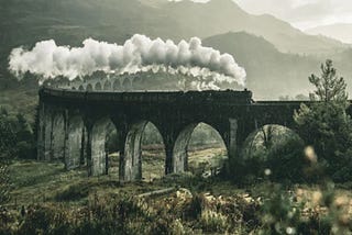 The hogwarts express going from a bend. Smoke coming out of the train's exhaust.