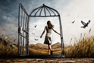 a female figure stepping out of a tight, golden cage into an open landscape