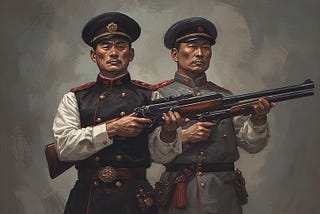 Two men in uniform bearing something of a resemblance to the late Chinese General Chiang Kai Shek holding shotguns. Image is AI created.
