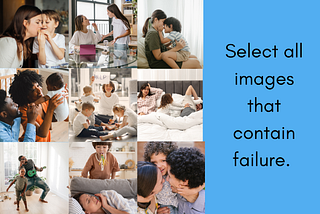 A mock-up captcha image with nine squares of various parents and the text “Select all imges that contain failure.”