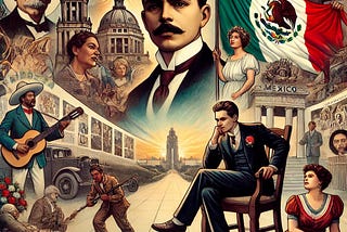 Illustration of Mexico’s 20th-century political transformation, featuring a portrait of Lázaro Cárdenas and symbols of the PRI party’s rule. The background includes imagery from the Mexican Revolution and contrasts between populist ideals and authoritarian control, highlighting Mexico’s diverse social classes and the evolution from PRI’s dominance to multi-party democracy.